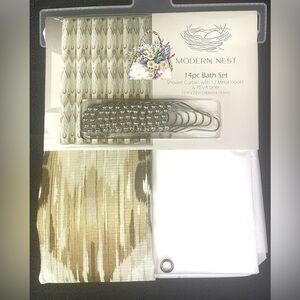 14-pc Shower Curtain Bath Set IKAT DROPS Tan Brown Liner Curtain Hooks NEW NWT